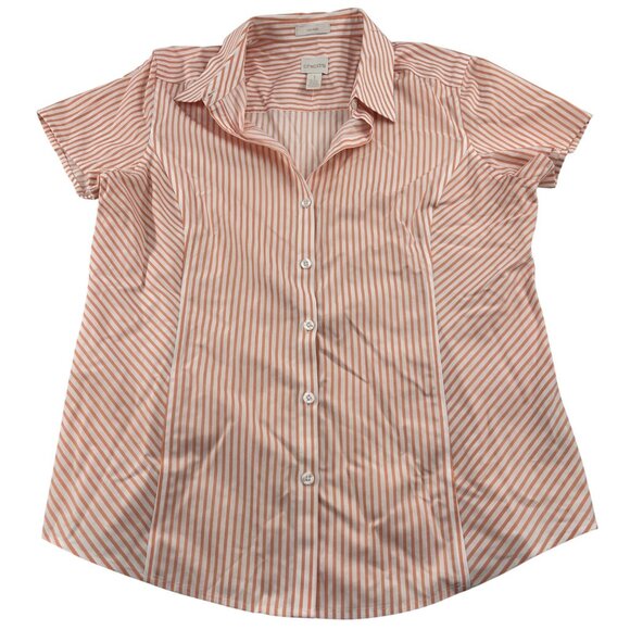 Chicos Women's No-Iron Striped Button-Down Shirt Size 1 Medium Orange/White - Picture 1 of 5